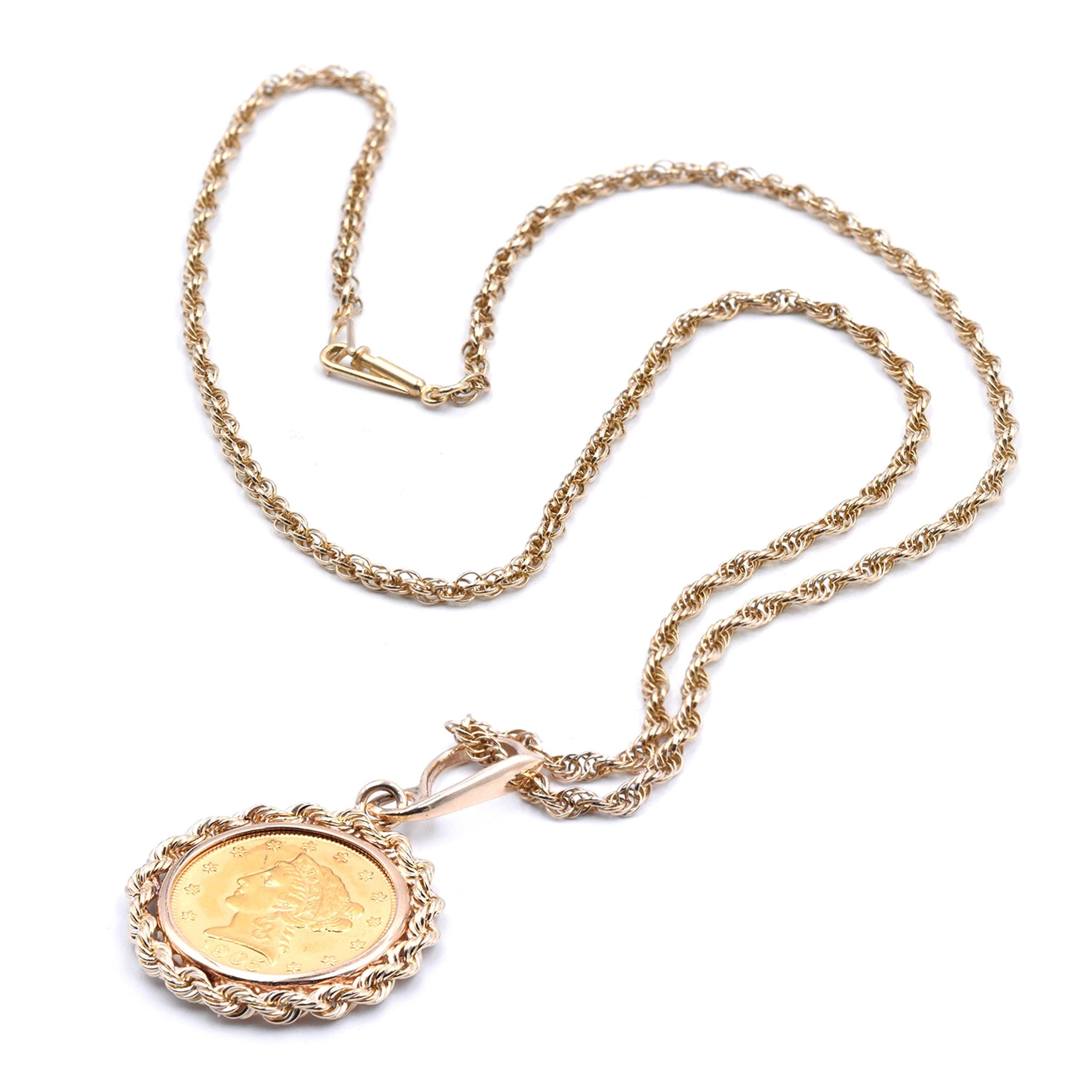Designer: custom
Material: 14K yellow gold / $2 ½ Liberty Coin
Dimensions: necklace measures 18-inches long
Weight: 11.18 grams
