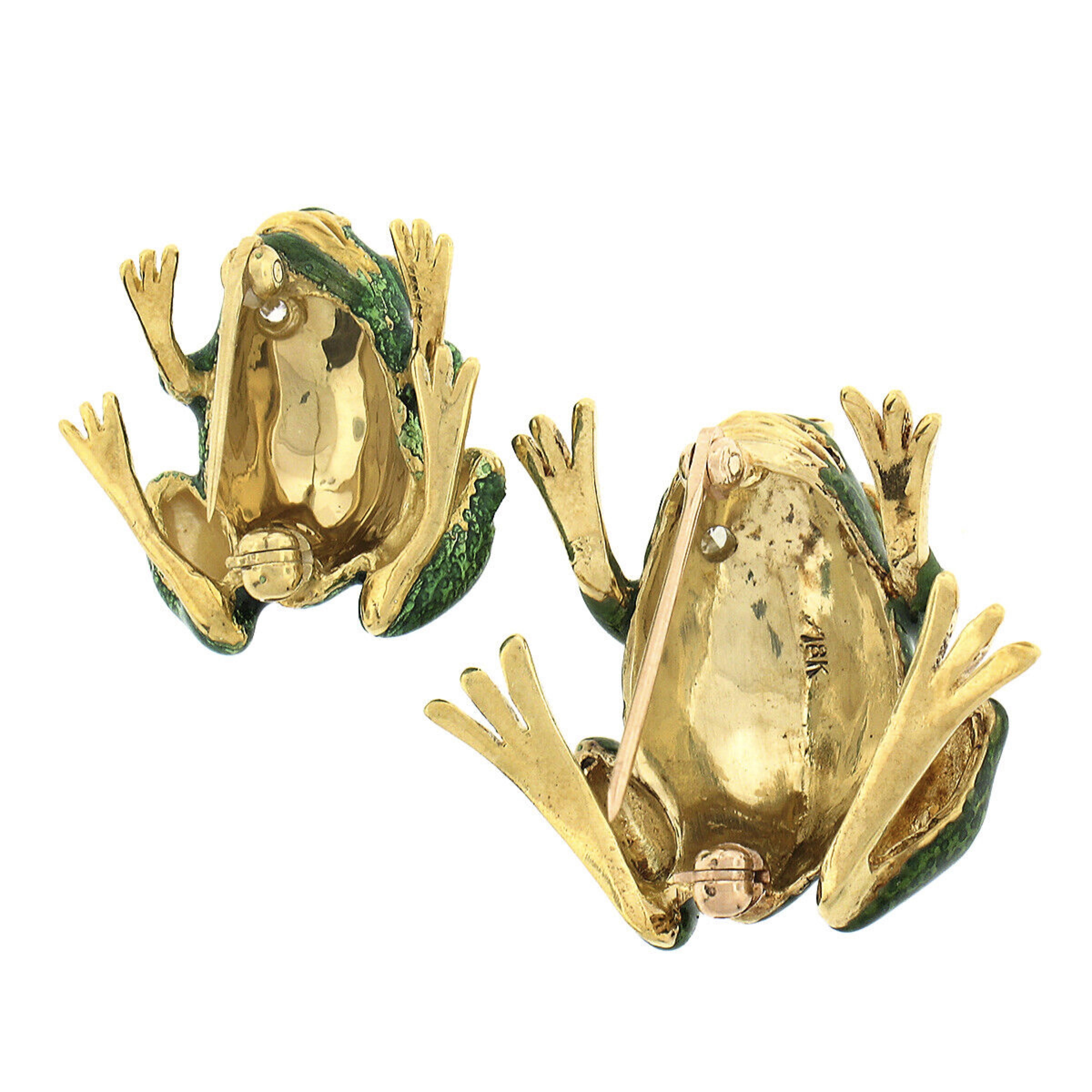 (2) Broche épingle en or 18 carats avec émail vert texturé et grenouille mère et bébé et diamants Bon état - En vente à Montclair, NJ