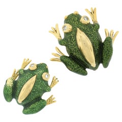 (2) 18k Gold Pair Of Textured Green Enamel Mother & Baby Frog Diamond Pin Brooch
