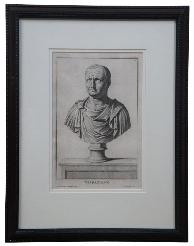 Antique Italian copper-line engraving of the bust of Roman Emperor Vespasian and his consort Antonia by Carlo Gregori after Giovanni Domenica Campiglia’s series “Musei Capitolini,” a series of work inspired by the sculptures of the Capitoline Museum