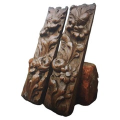 2 - 18thc French Carved Wood Floral Relief Sculpture Panels 11 inch high