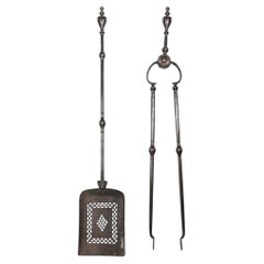 2 19th C. Antique English Fireplace Tools Shovel and Tongs