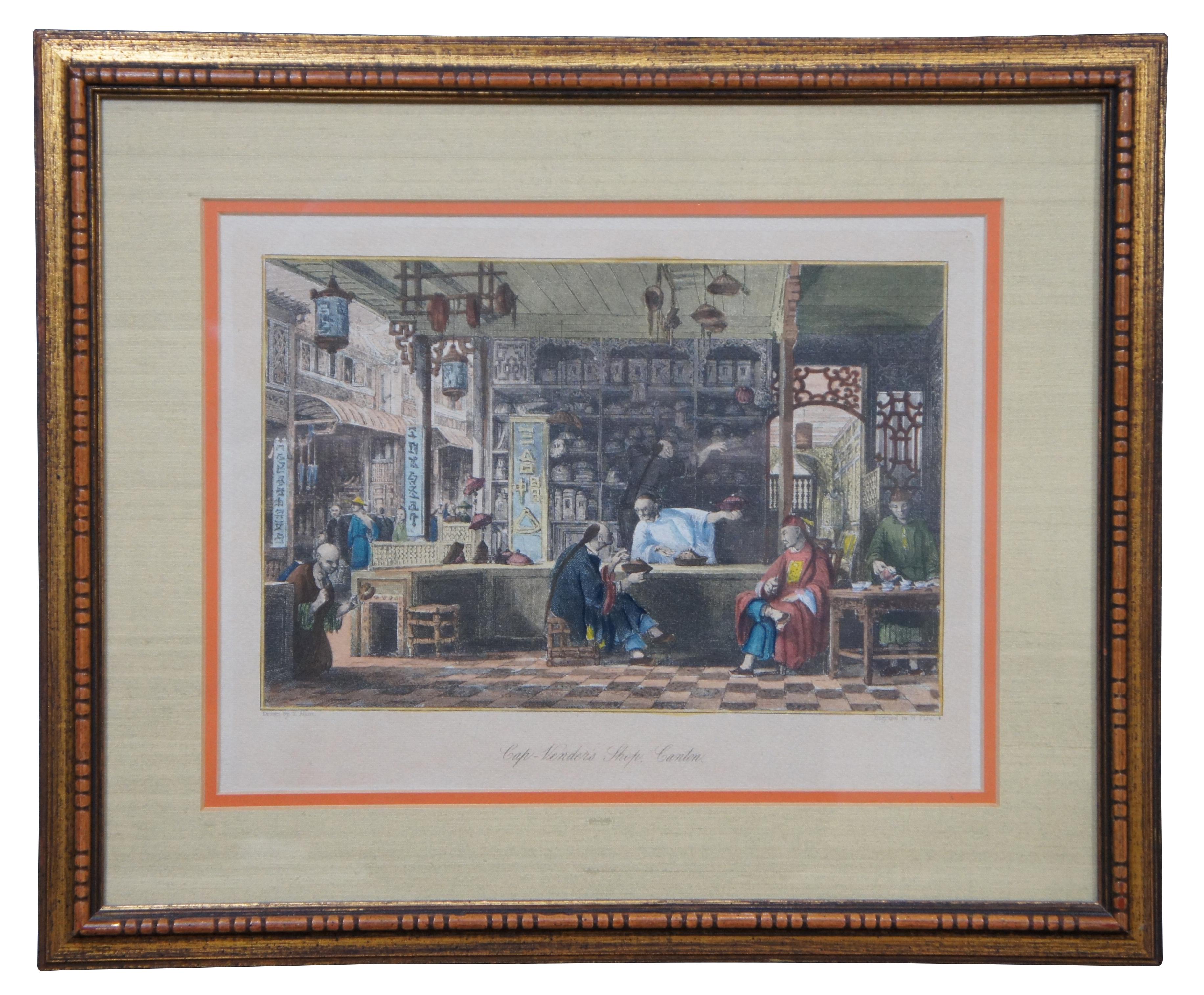 Set of two 19th century hand colored chinoiserie engravings of Cantonese / Chinese city scenes, “cap Vender’s Shop, Canton,” drawn by Thomas Allom, engraved by W. Floyd and “Dying and Winding Silk,” drawn by Thomas Allom, engraved by G. Paterson.