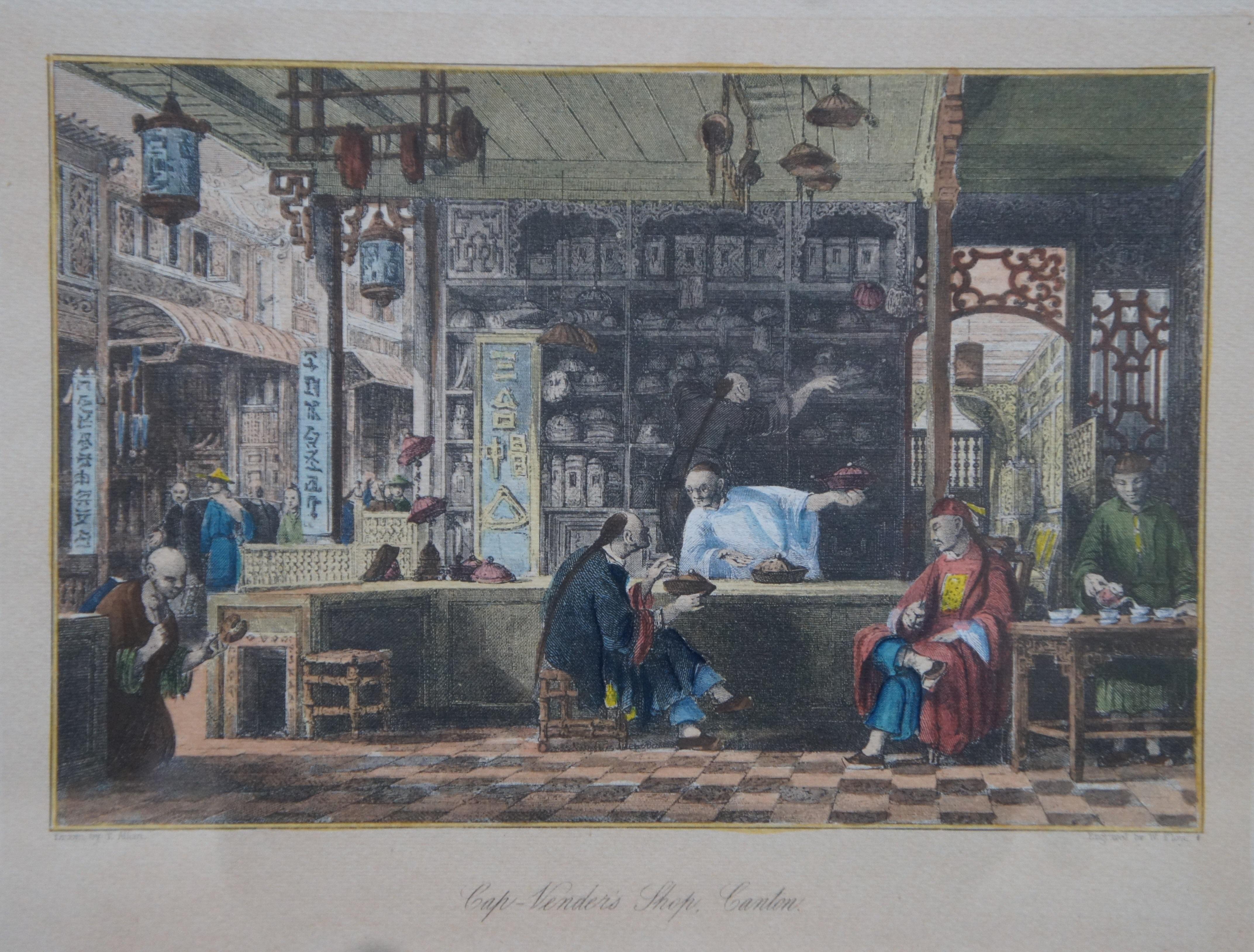 2 19th Century Colored Engravings Vender Shop Winding Silk Canton  1