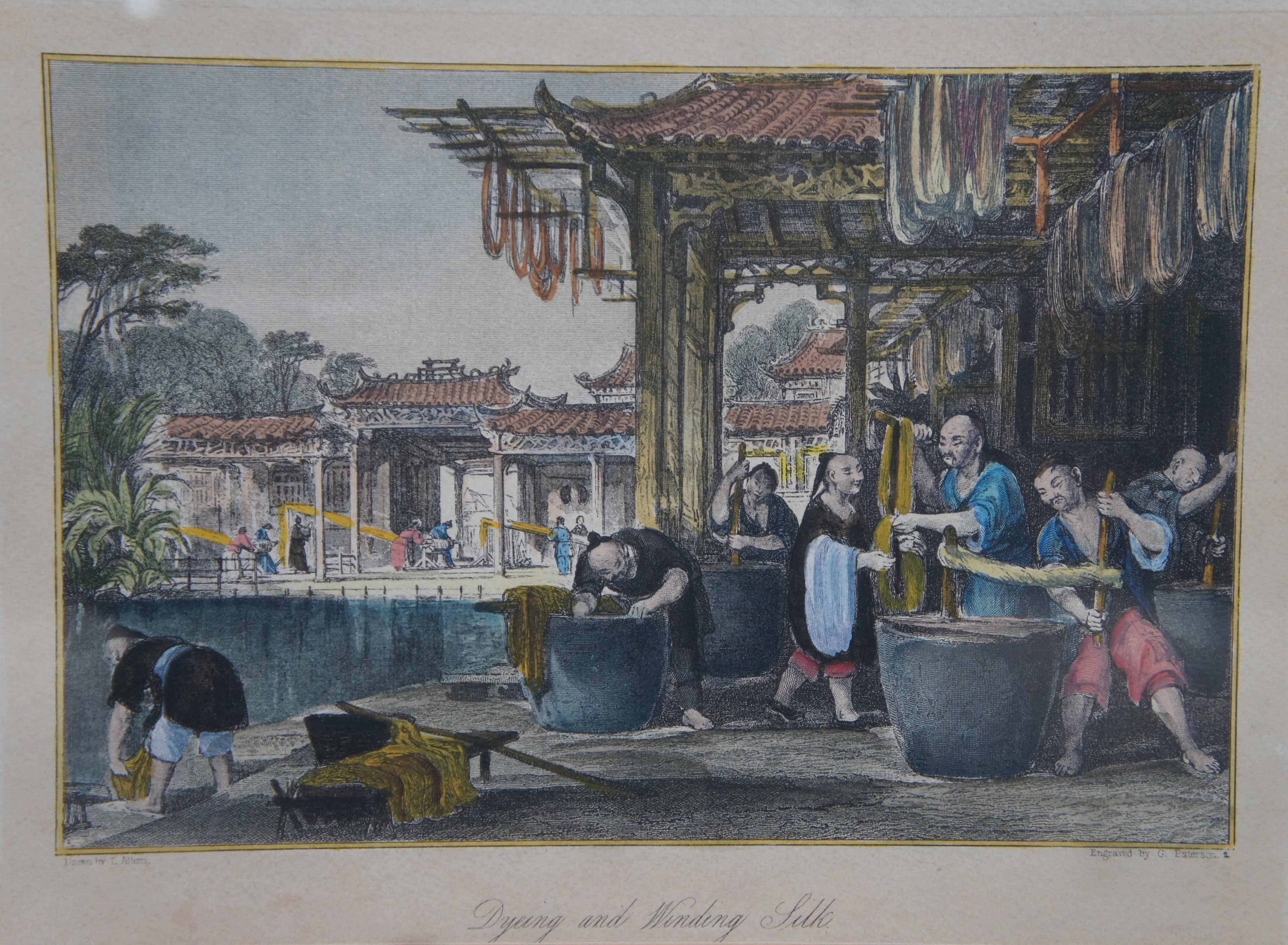 2 19th Century Colored Engravings Vender Shop Winding Silk Canton  4
