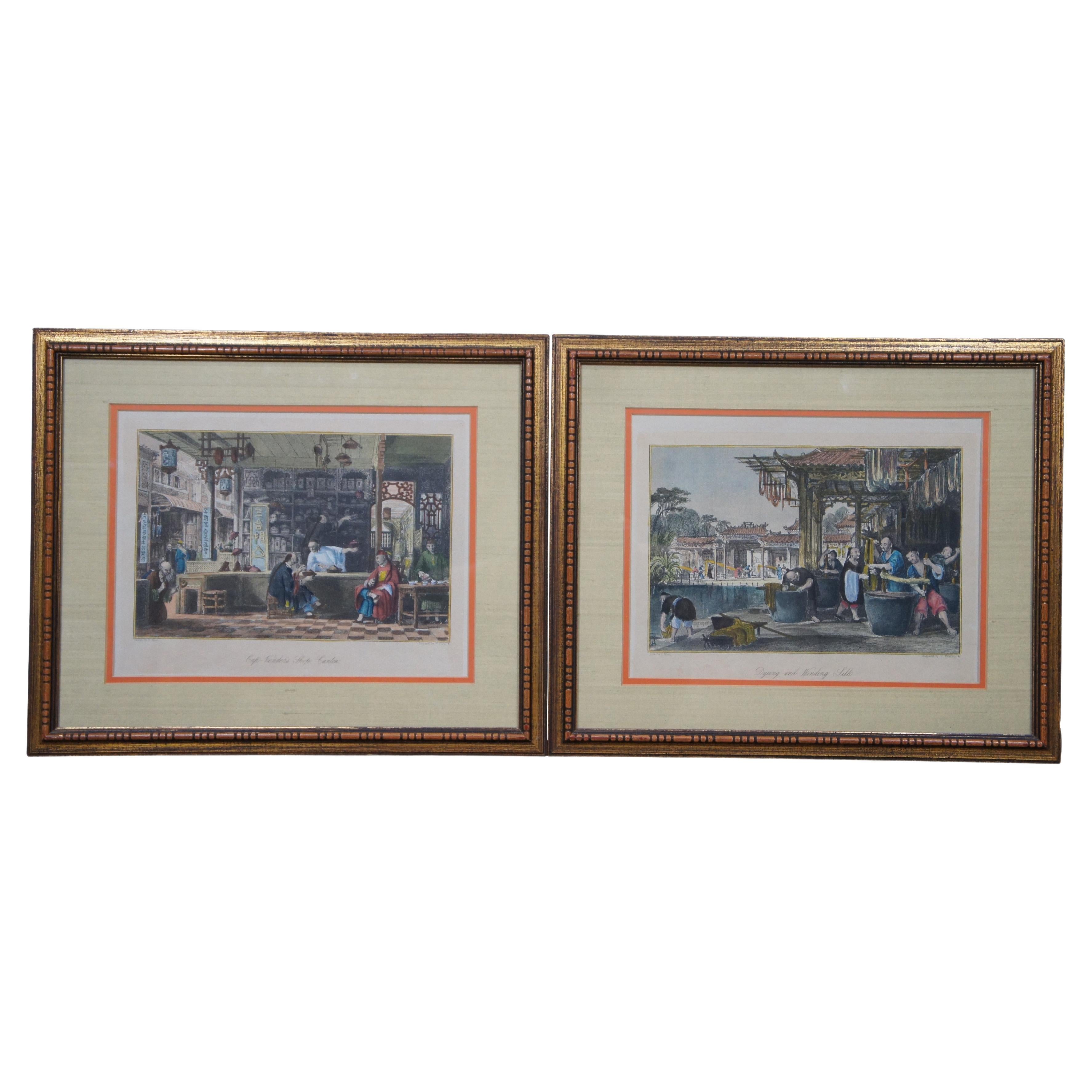 2 19th Century Colored Engravings Vender Shop Winding Silk Canton 