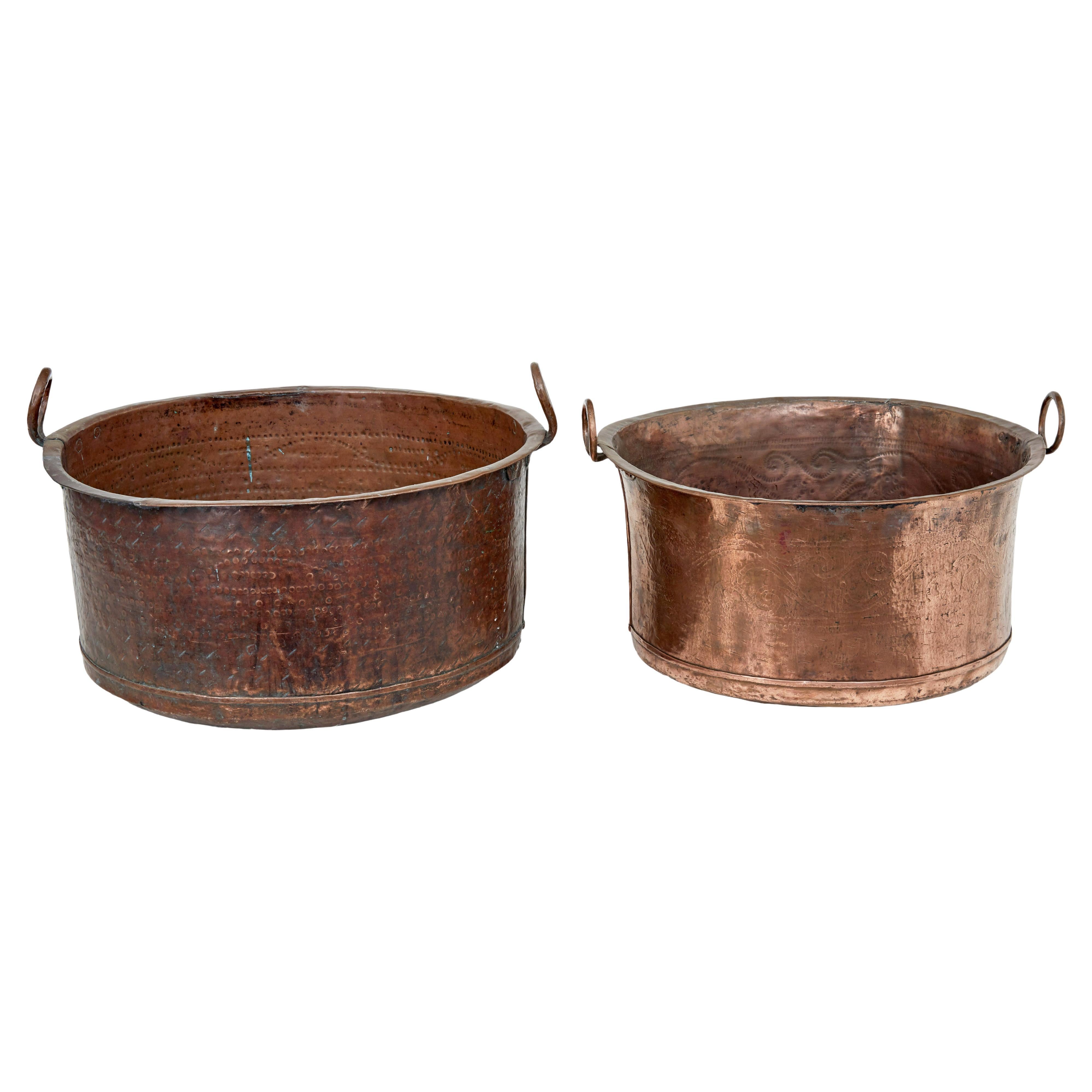 2 19th century Victorian large copper cooking vessels