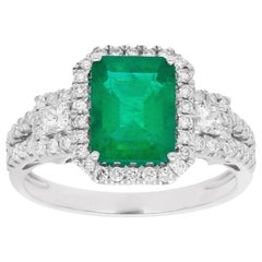 Vintage 2 2/5 Carat Emerald and Diamond 18 Karat White Gold Engagement Ring