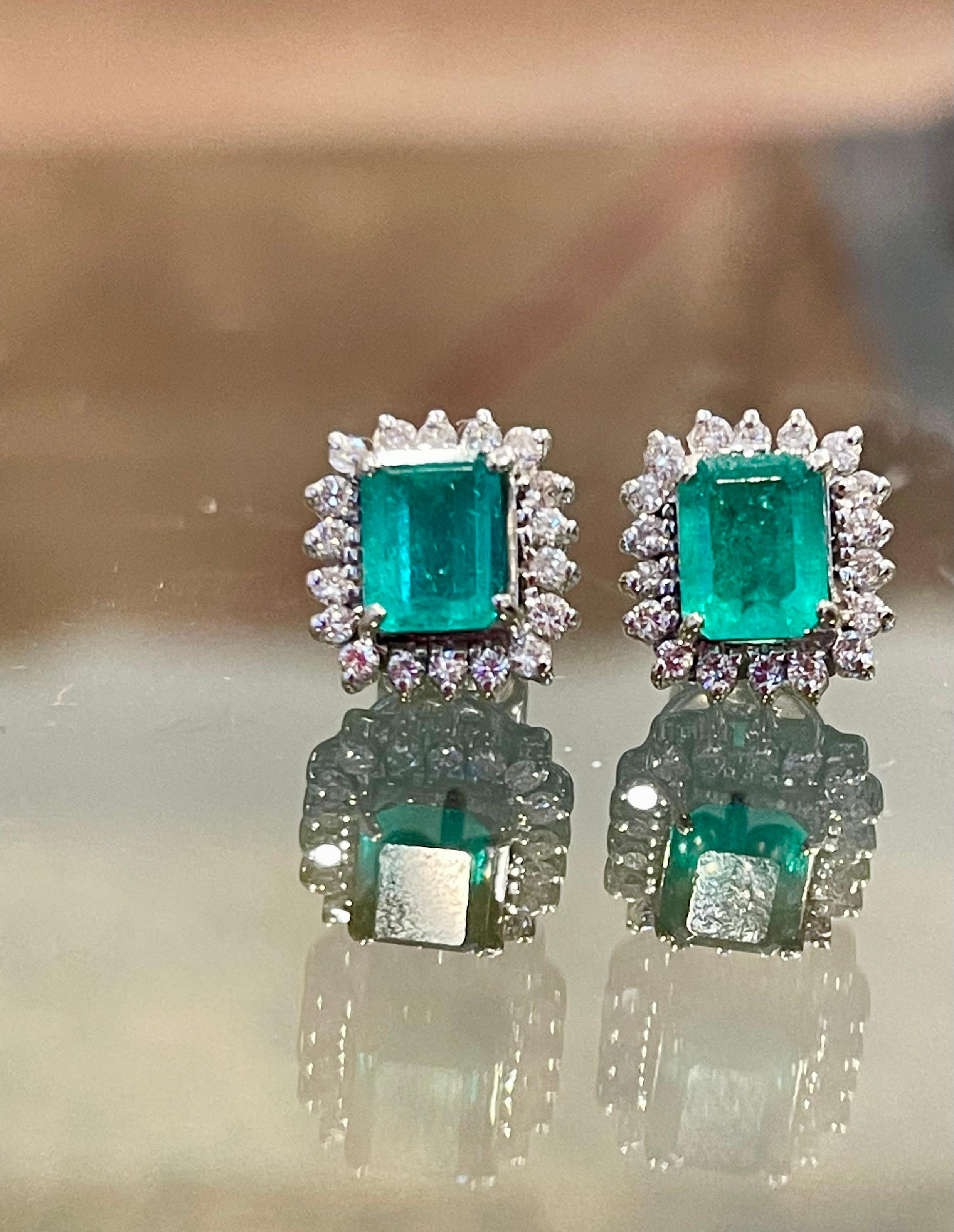 2. 25 Ct Colombian Emerald Cut Emerald & Diamond Earrings 18 Karat White Gold 6