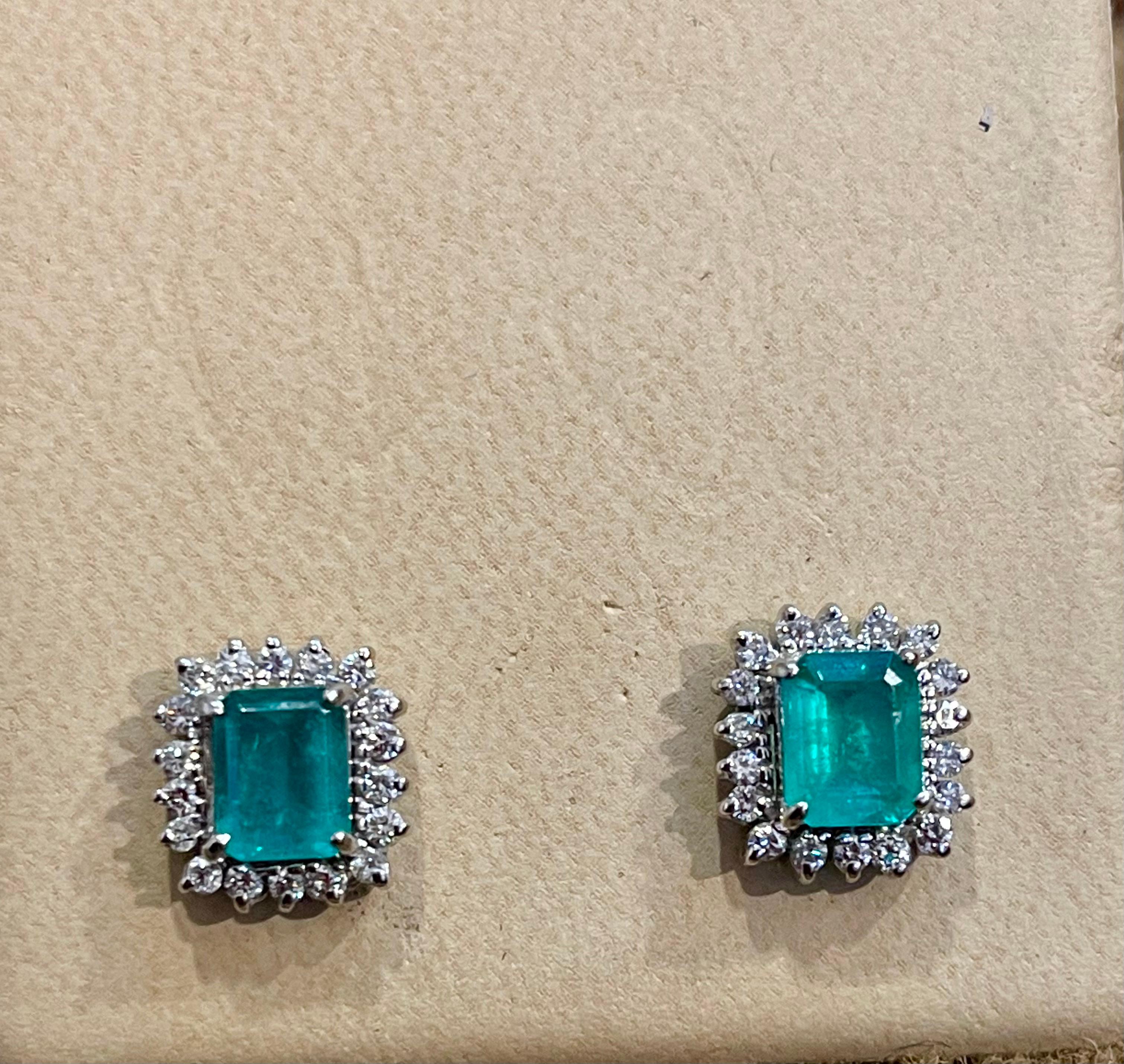 2. 25 Ct Colombian Emerald Cut Emerald & Diamond Earrings 18 Karat White Gold 9