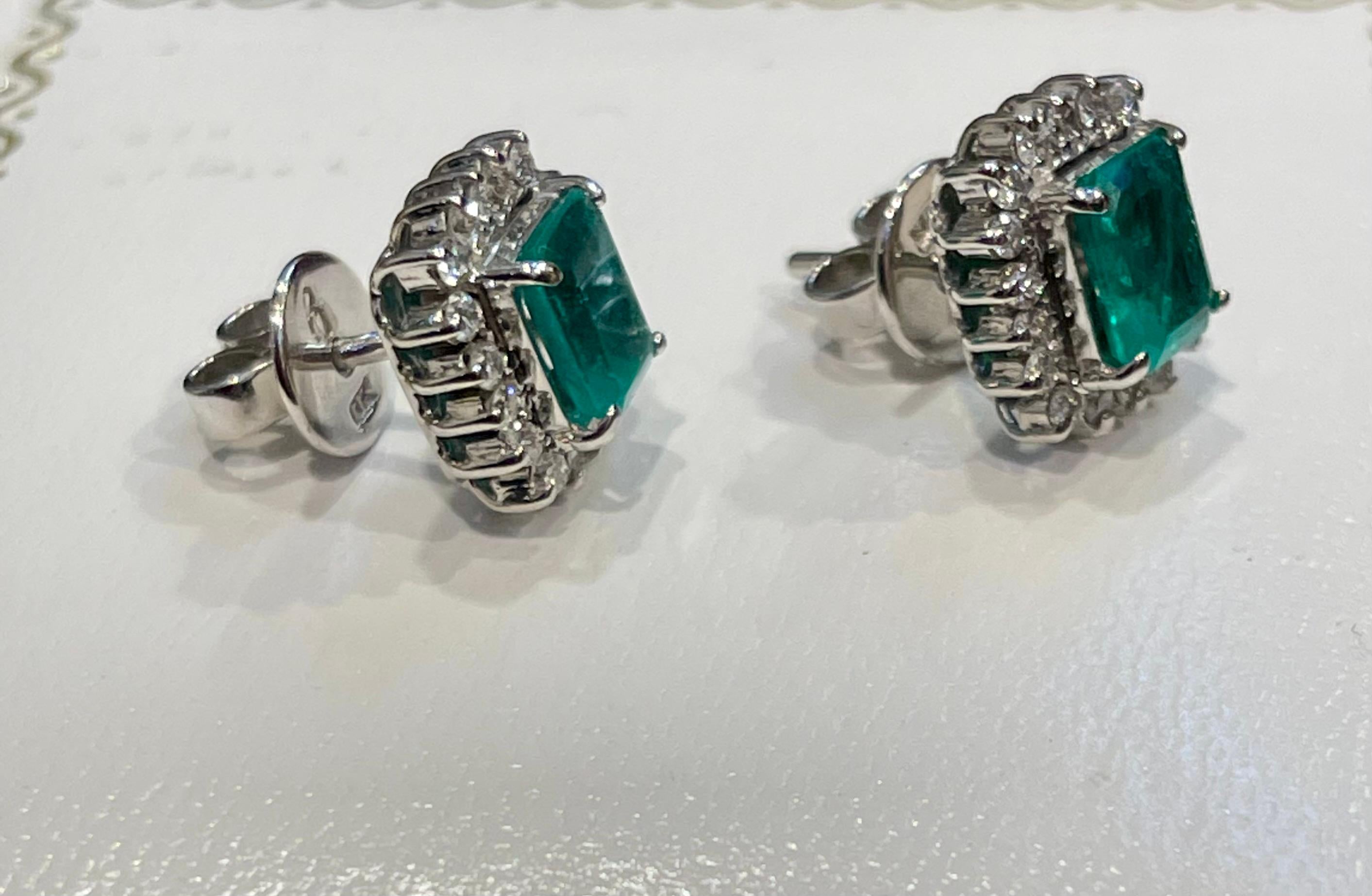 2. 25 Ct Colombian Emerald Cut Emerald & Diamond Earrings 18 Karat White Gold 10