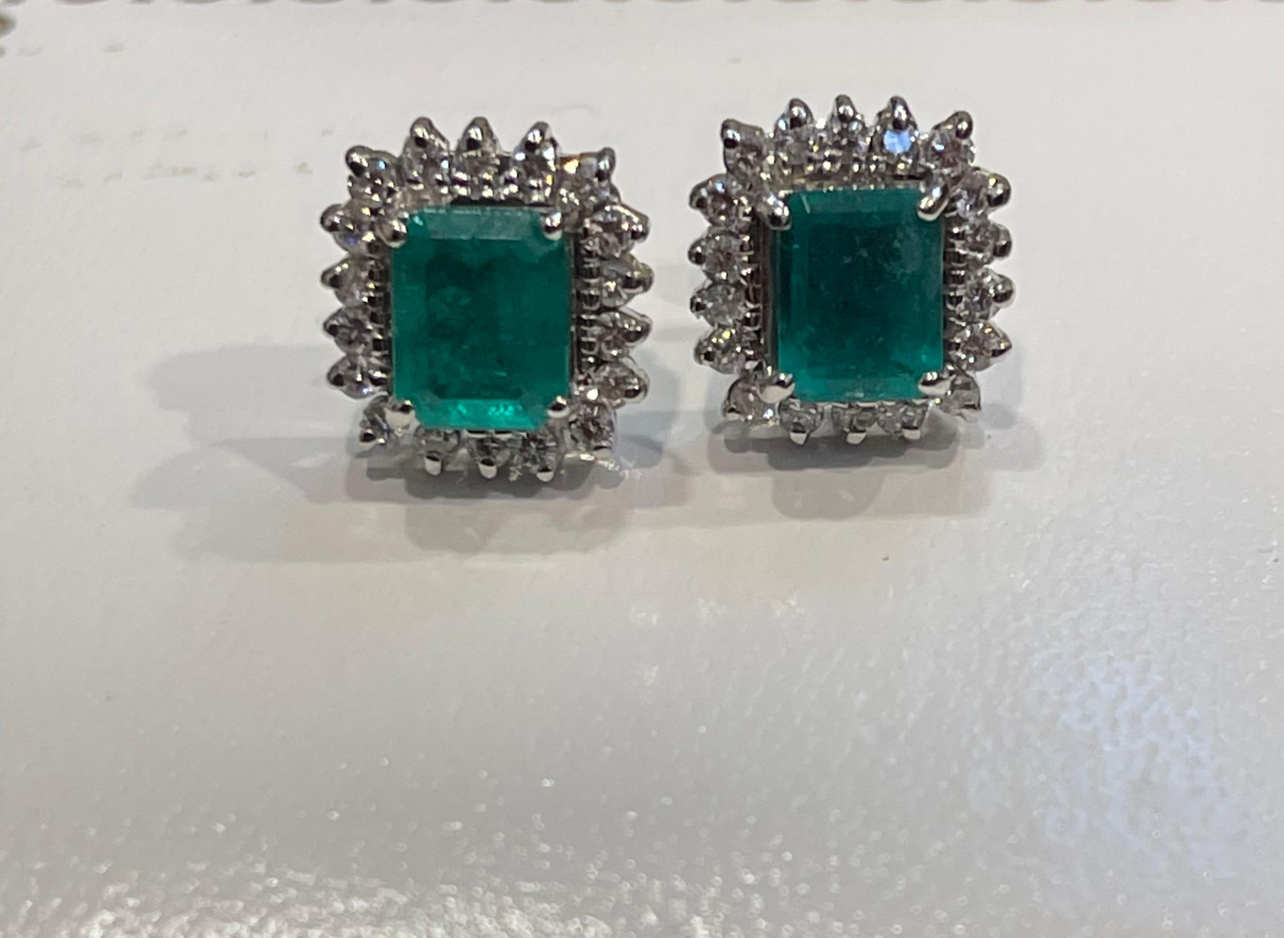 2. 25 Ct Colombian Emerald Cut Emerald & Diamond Earrings 18 Karat White Gold 12