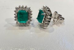 2. 25 Ct Colombian Emerald Cut Emerald & Diamond Earrings 18 Karat White Gold