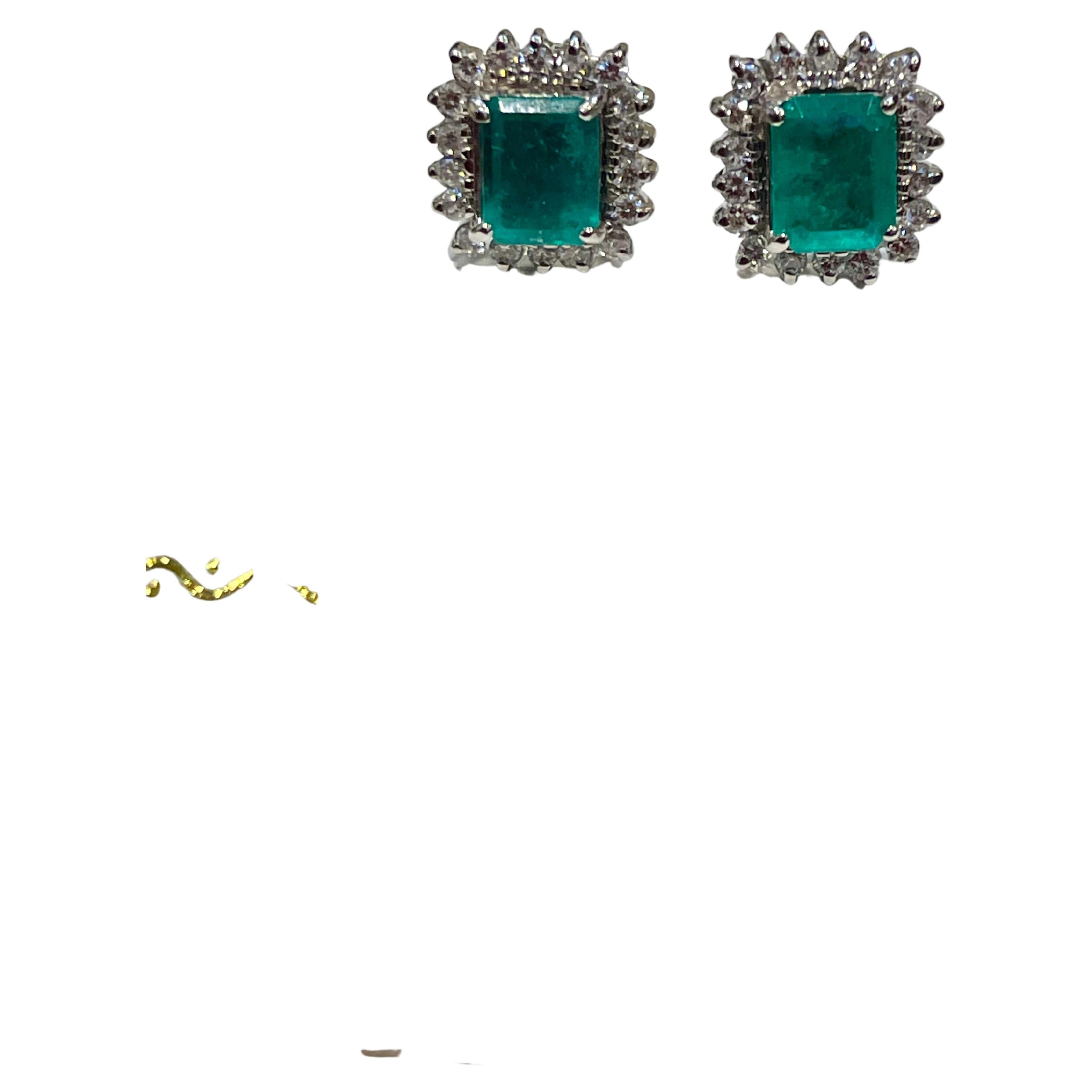 Women's 2. 25 Ct Colombian Emerald Cut Emerald & Diamond Earrings 18 Karat White Gold