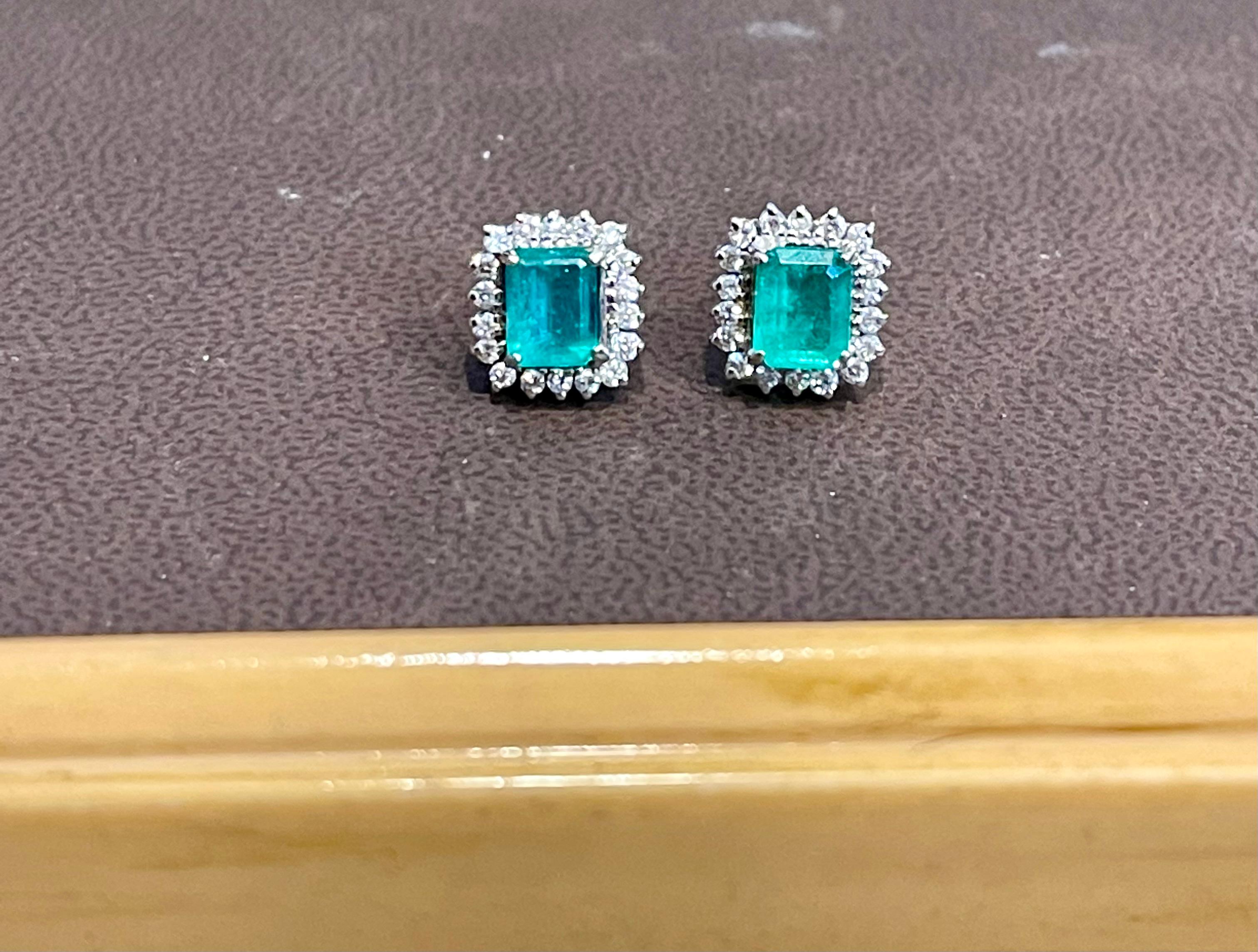 2. 25 Ct Colombian Emerald Cut Emerald & Diamond Earrings 18 Karat White Gold 2
