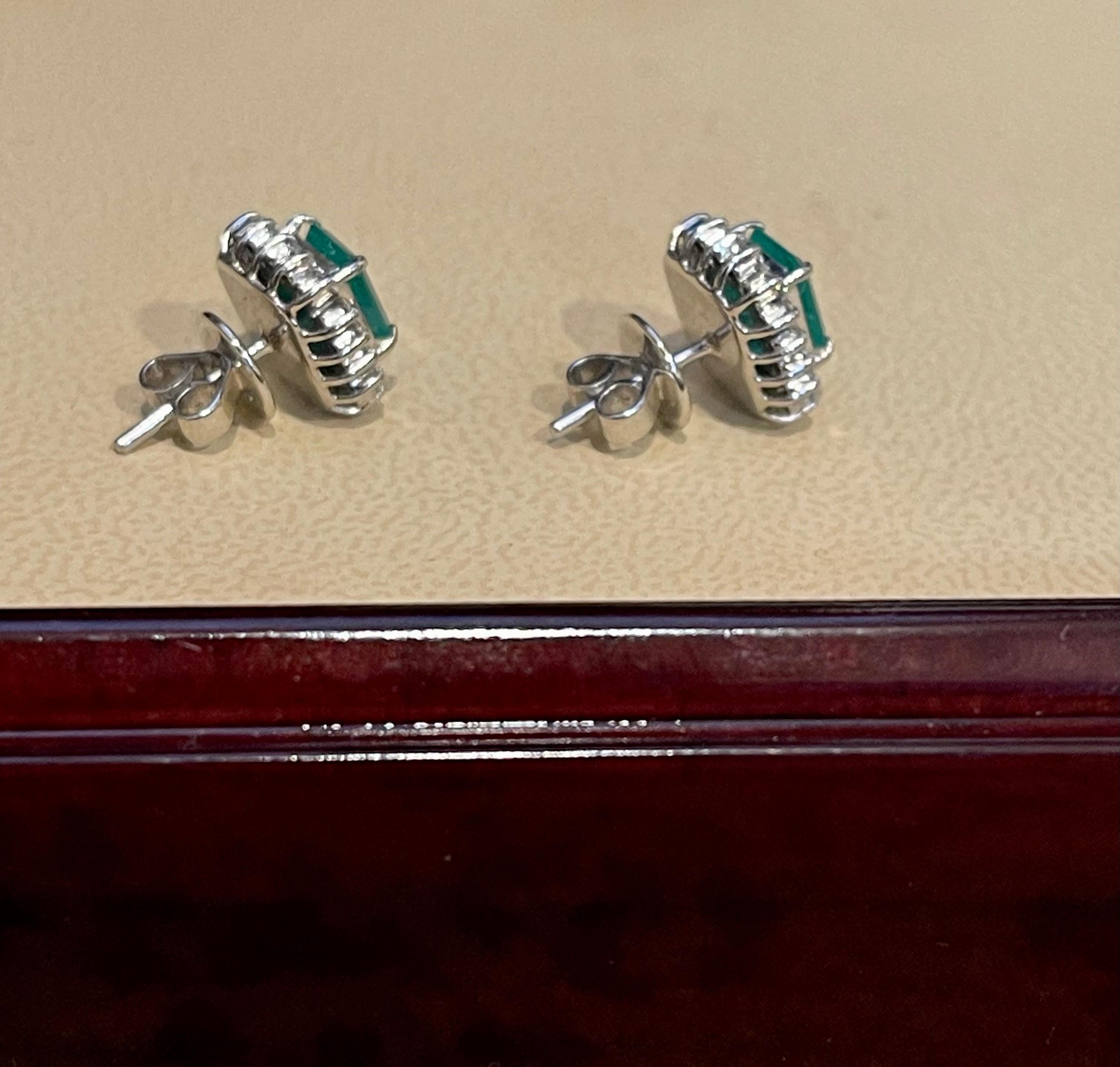 2. 25 Ct Colombian Emerald Cut Emerald & Diamond Earrings 18 Karat White Gold 3
