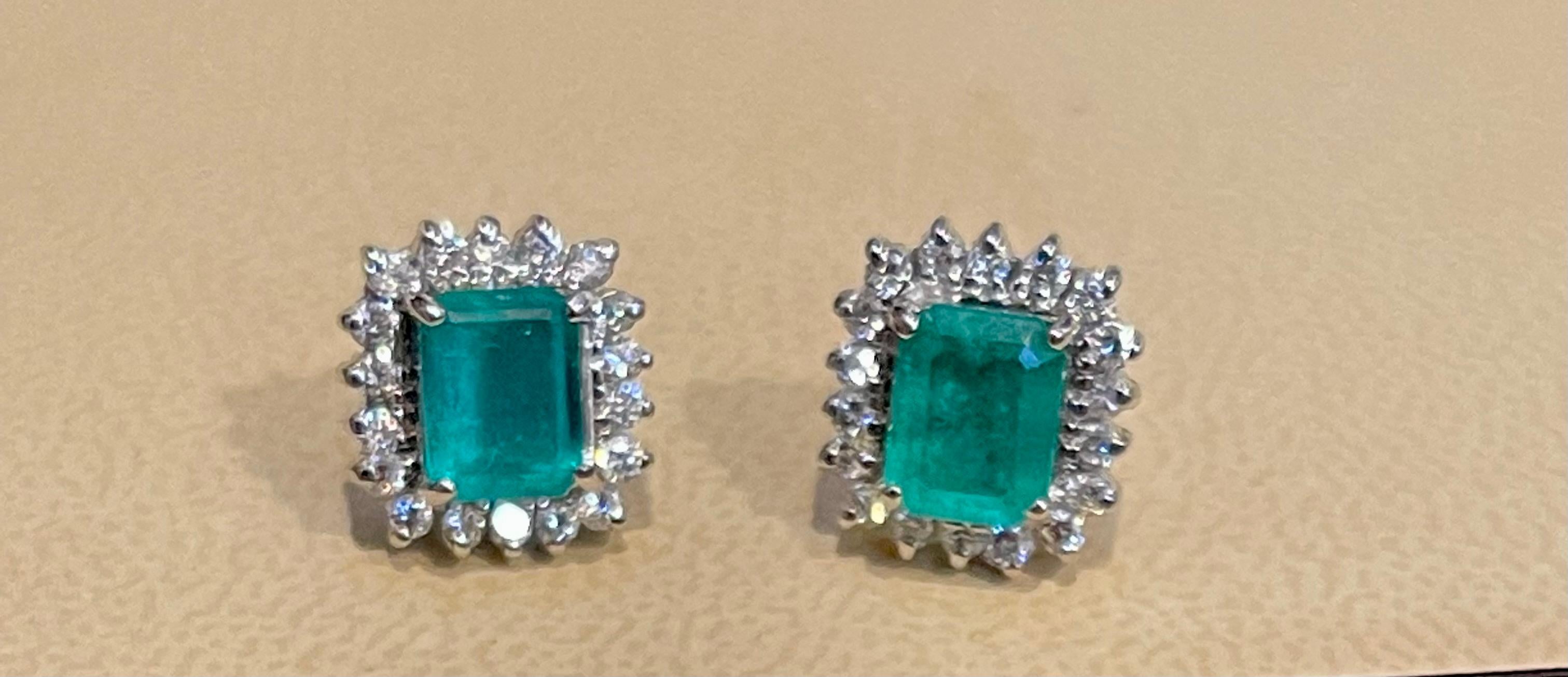 2. 25 Ct Colombian Emerald Cut Emerald & Diamond Earrings 18 Karat White Gold 4