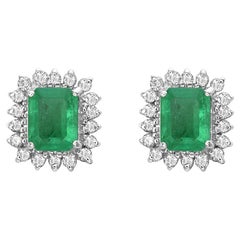 2. 25 Ct Colombian Emerald Cut Emerald & Diamond Earrings 18 Karat White Gold