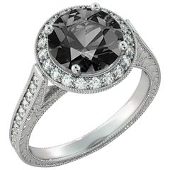 2 3/4 Carat 14 Karat White Gold Certified Round Black Diamond Ring