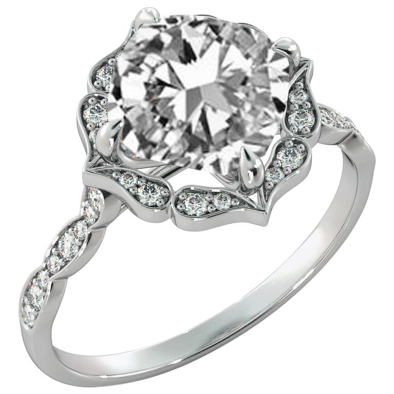 2 3/4 Carat GIA Cushion Halo Ring, 18 Karat White Gold Vintage Diamond Ring