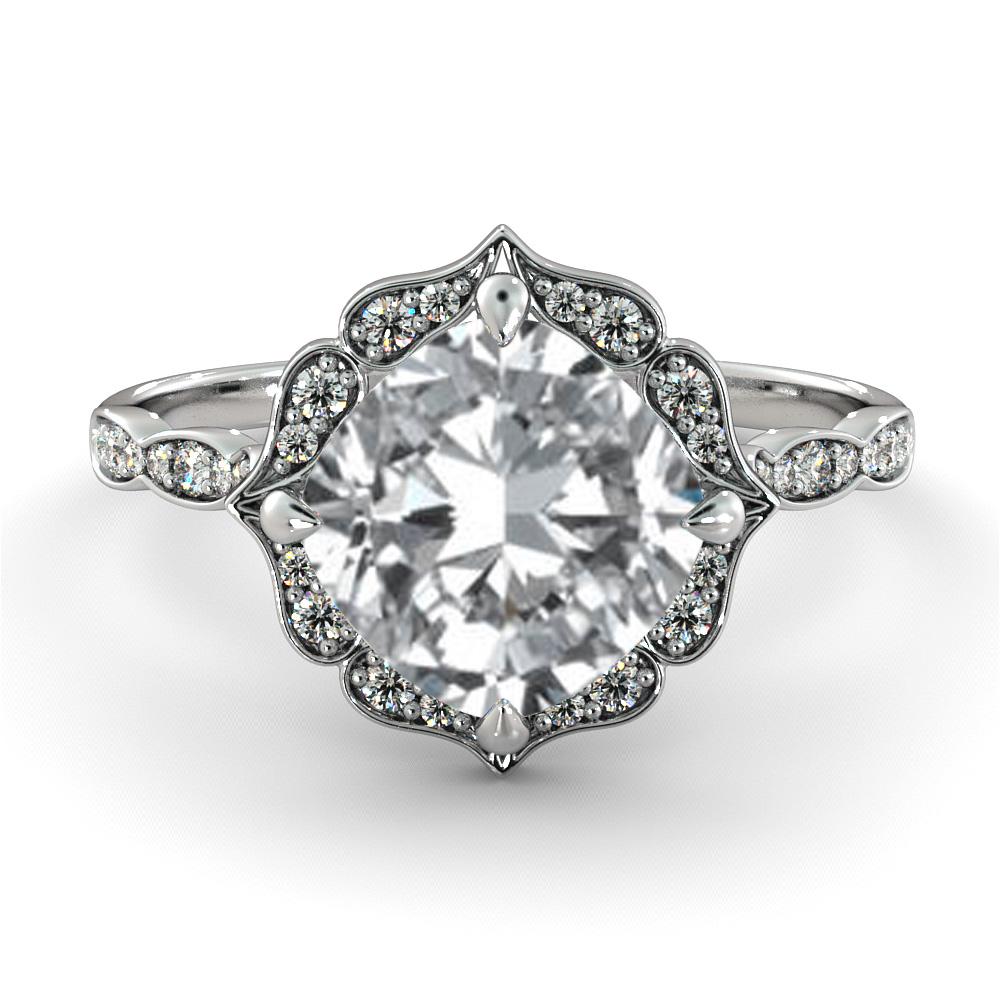 This gorgeous floral style ring features a solitaire GIA certified diamond. Center stone is 100% eye clean 2.5 carat natural cushion shaped diamond of F-G color and VS2-SI1 clarity and it is surrounded with 34 smaller natural diamonds of 0.25 total