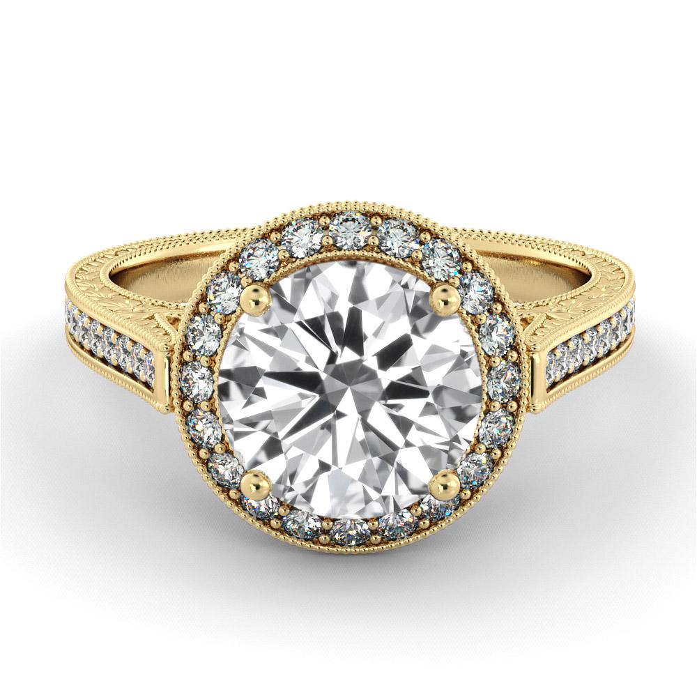 Impressive vintage inspired ring features GIA certified diamond. Center stone is of 2 carat round cut 100% eye clean natural diamond of F-G color and VS2-SI1 clarity and it is surrounded with 60 natural diamonds o approx. 0.75 total carat weight.