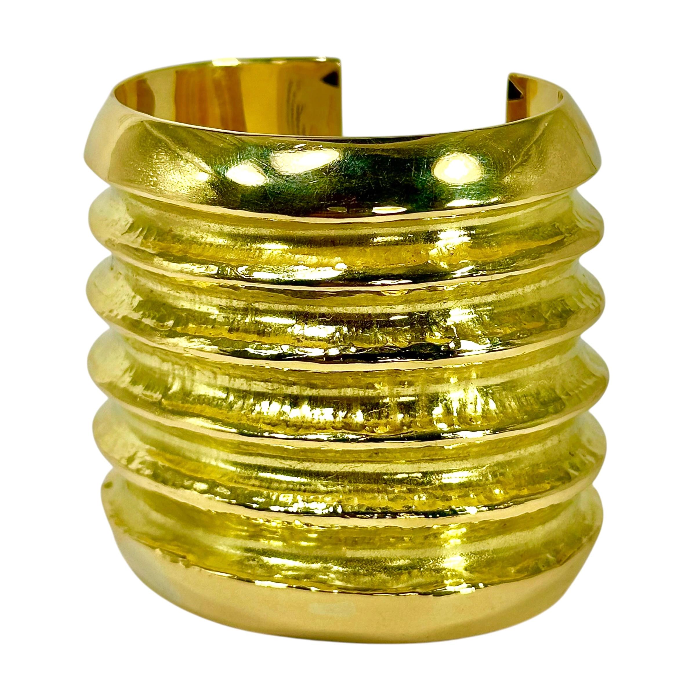 Artisan 2 3/8 Inches Wide Vintage 18K Yellow Gold Cuff Bracelet with Open Back For Sale