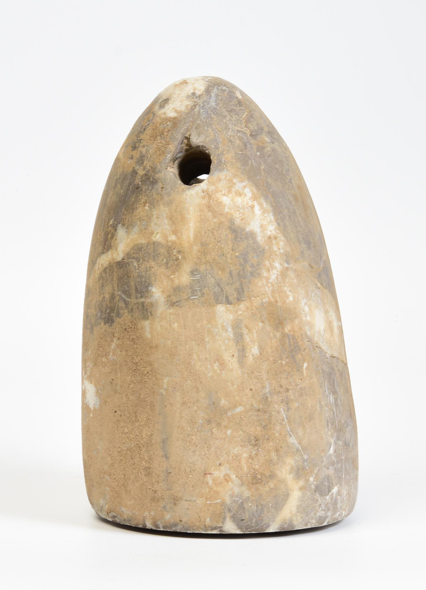 Rare Bactrian hardstone weight with creamy stone color and 2 holes on the top, the base is flat. In the ancient time, the two holes were used to tie up with rope and measure the weight of merchandises.

The Bactria–Margiana Archaeological Complex
