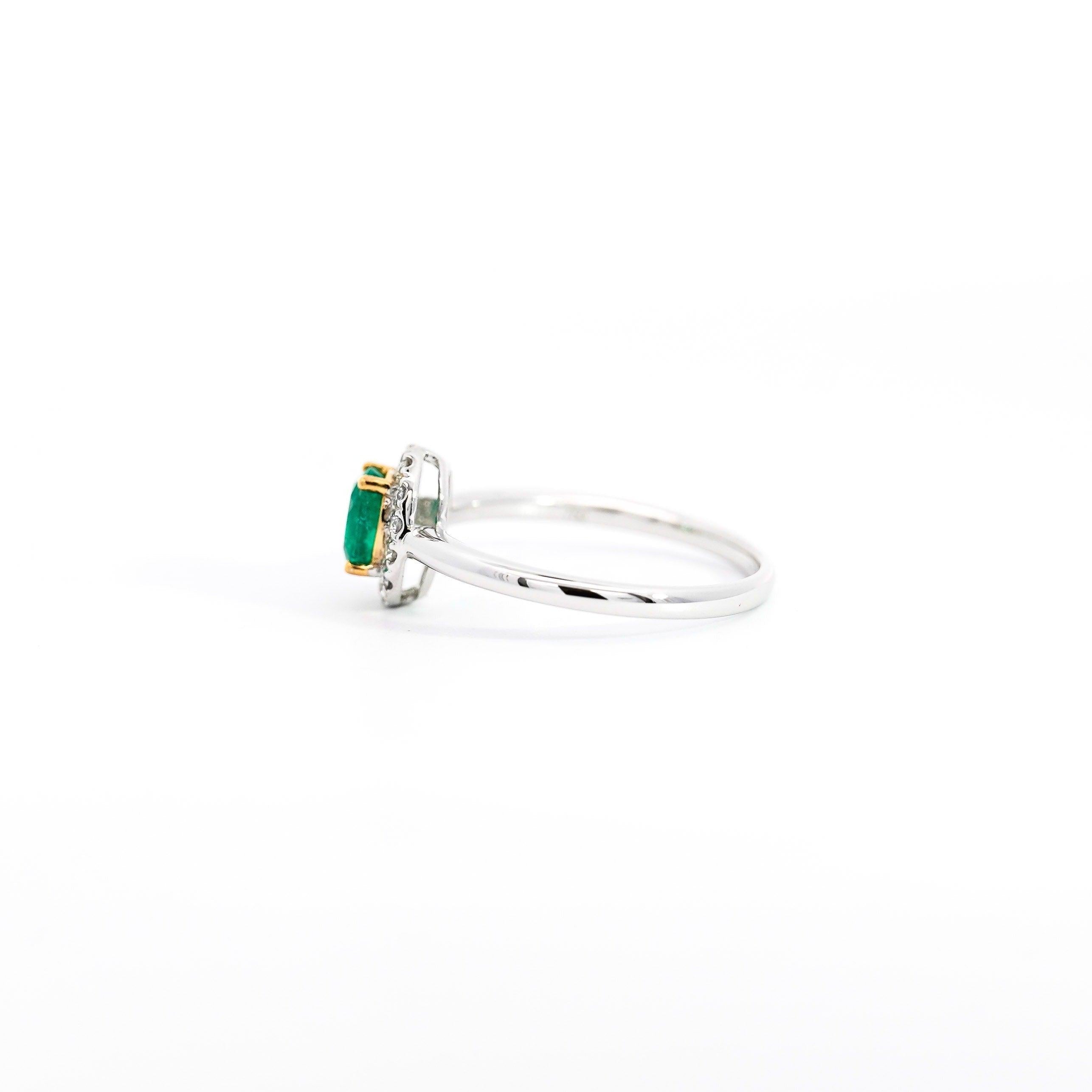 2/3 Carat Natural Emerald & Diamond Oval Halo 1.7mm Band Ring in 18K White Gold For Sale 1