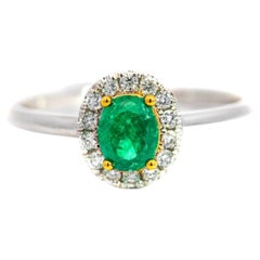 2/3 Carat Natural Emerald & Diamond Oval Halo 1.7mm Band Ring in 18K White Gold