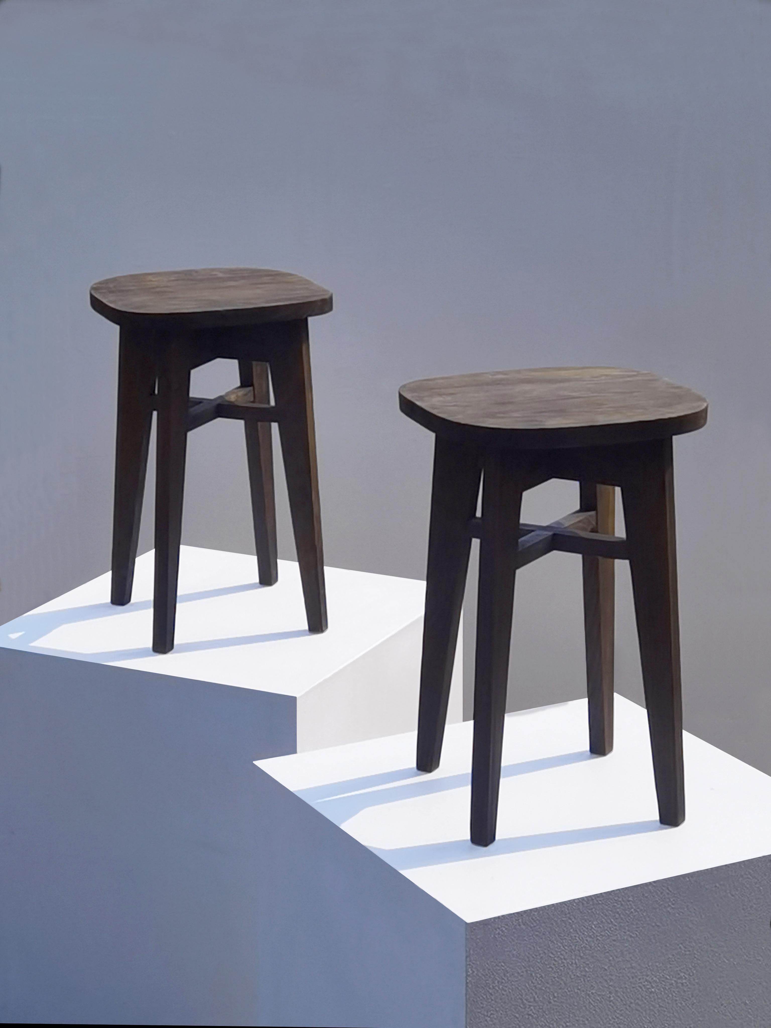An interesting pair (from a set of 4 pieces) Modern stools, Mid-Century-Modern, Modernist, Constructivist, Free Form, architectural 