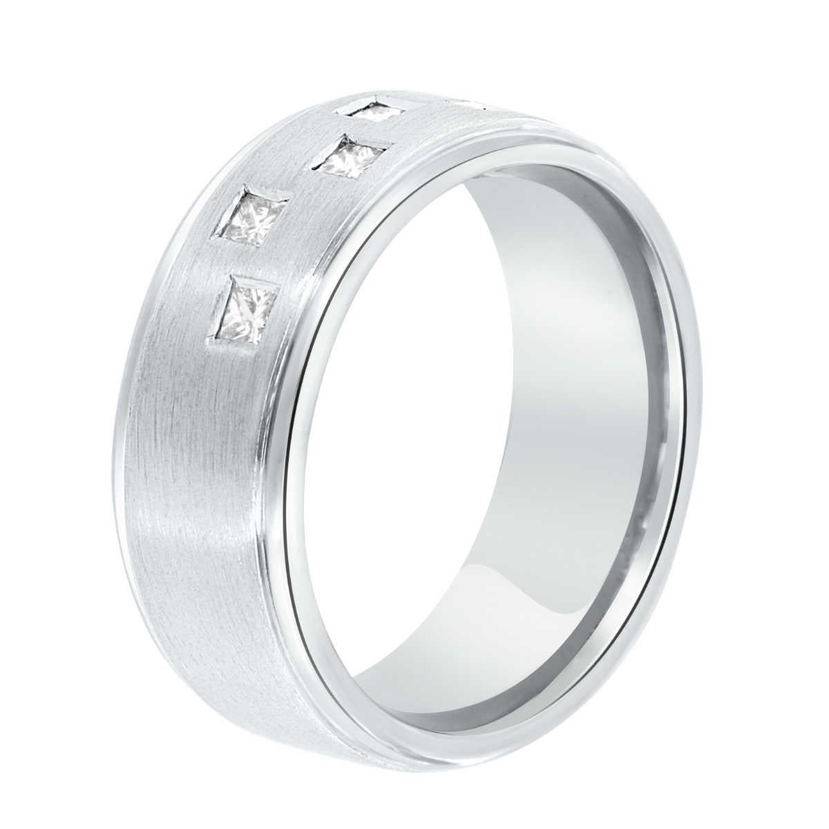 This 18k white gold handcrafted Men's band showcase six (6) perfectly matched Princess cut diamonds scattered on a nine (9) MM wide band. The band's thin edges are polished, and the center is in a satin finish.
Diamond Weight : 0.43 Carat
Diamond