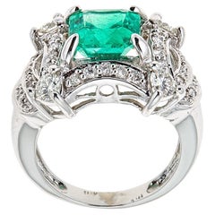 2. 65 Radiant Cut Emerald Diamond Vintage Engagement Ring in 14 karat White Gold
