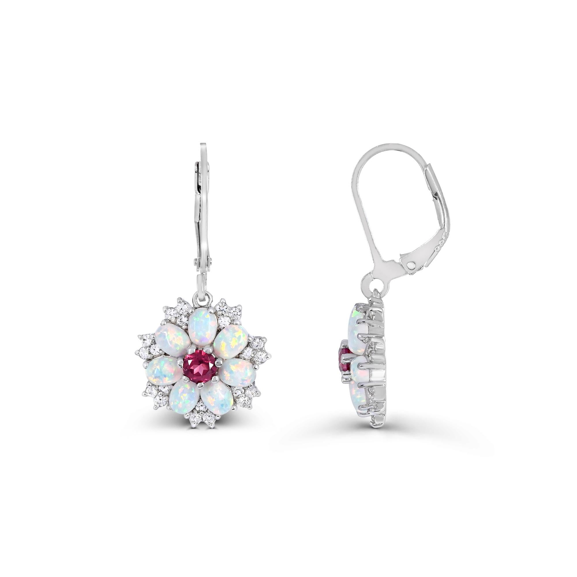 Contemporary 2-7/8ct. Garnet/Created Opal/White Sapphire Floral Sterling Silver Drop Earrings For Sale