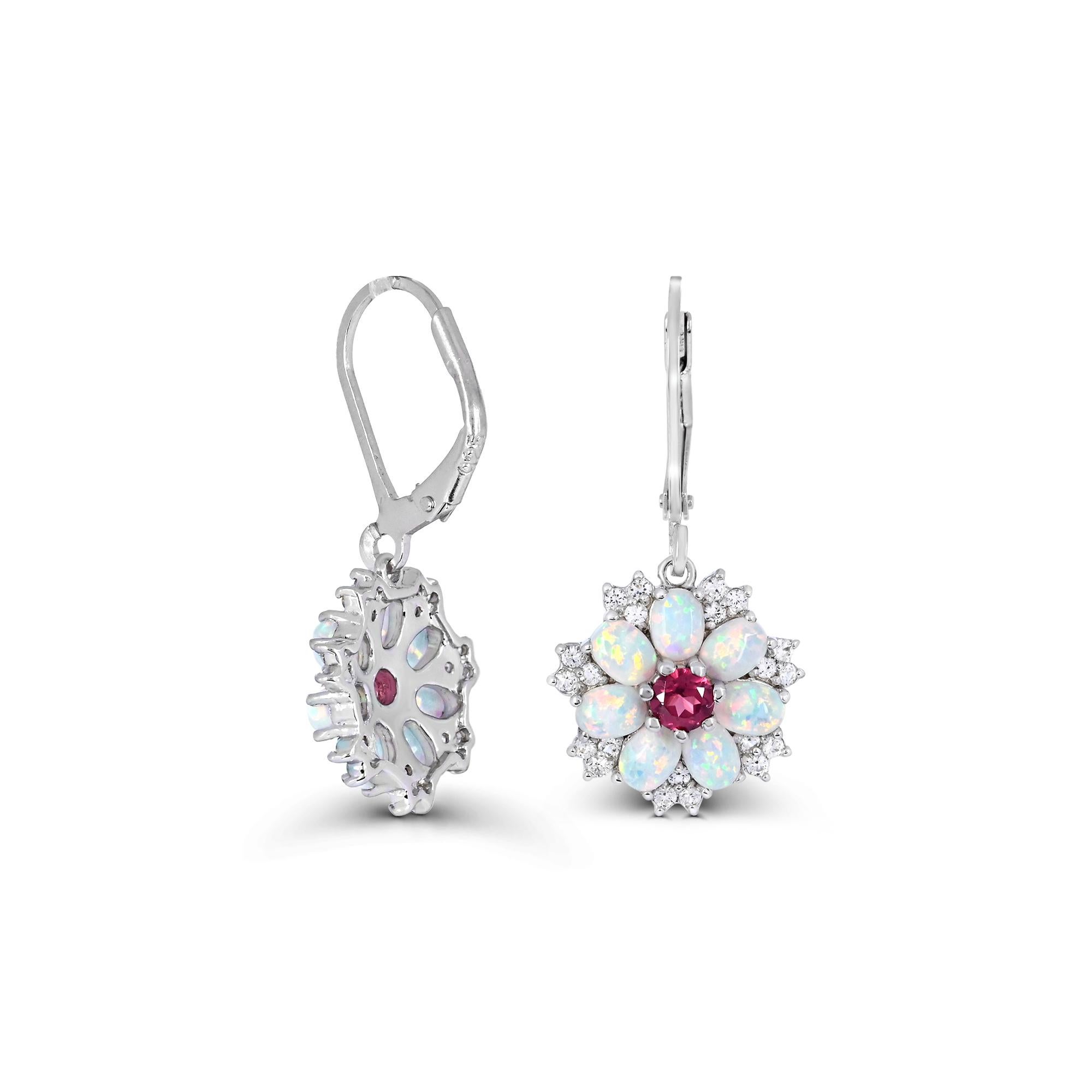 Oval Cut 2-7/8ct. Garnet/Created Opal/White Sapphire Floral Sterling Silver Drop Earrings For Sale
