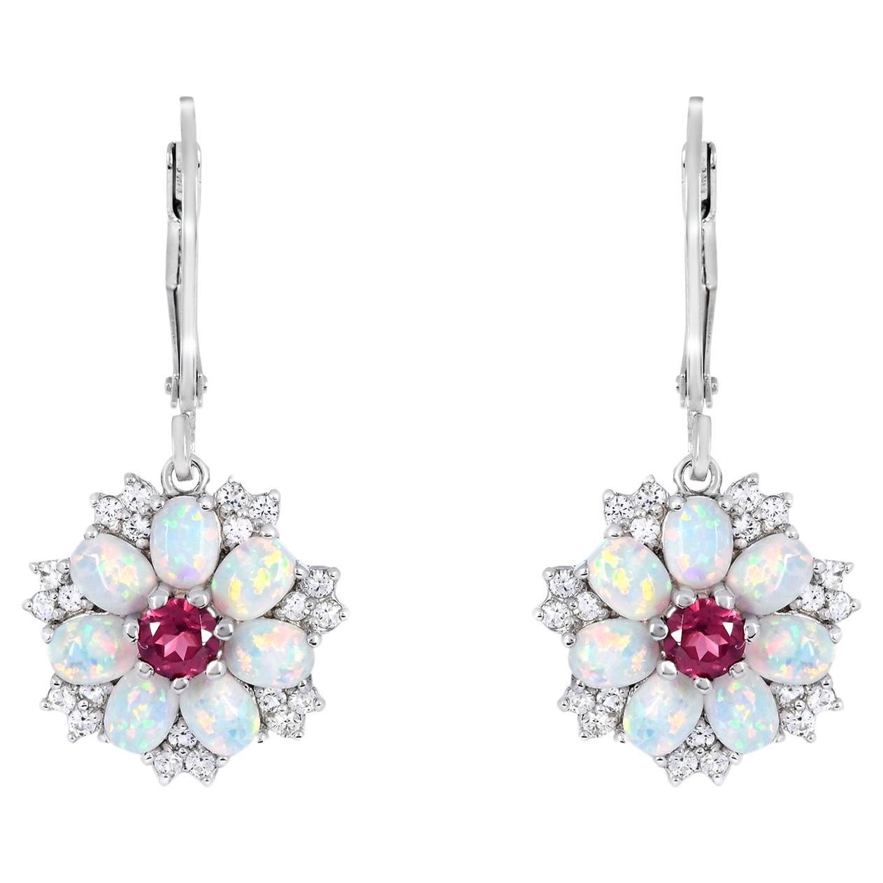 2-7/8ct. Garnet/Created Opal/White Sapphire Floral Sterling Silver Drop Earrings For Sale