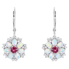 2-7/8ct. Garnet/Created Opal/White Sapphire Floral Sterling Silver Drop Earrings