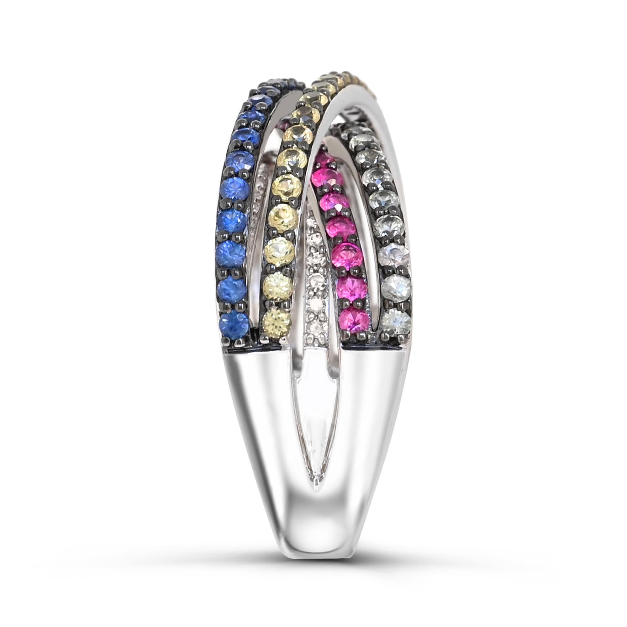 Contemporary 2-7/8ct. Multi-Color Sapphire and Diamond Cross Bridge Ring in Sterling Silver For Sale