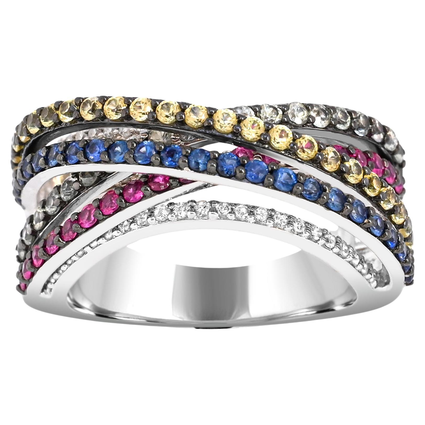 2-7/8ct. Multi-Color Sapphire and Diamond Cross Bridge Ring in Sterling Silver For Sale