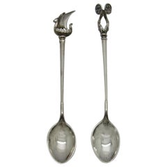 2 Aage Weimer Denmark Sterling Silver Viking Ship & Horns Demitasse Spoons