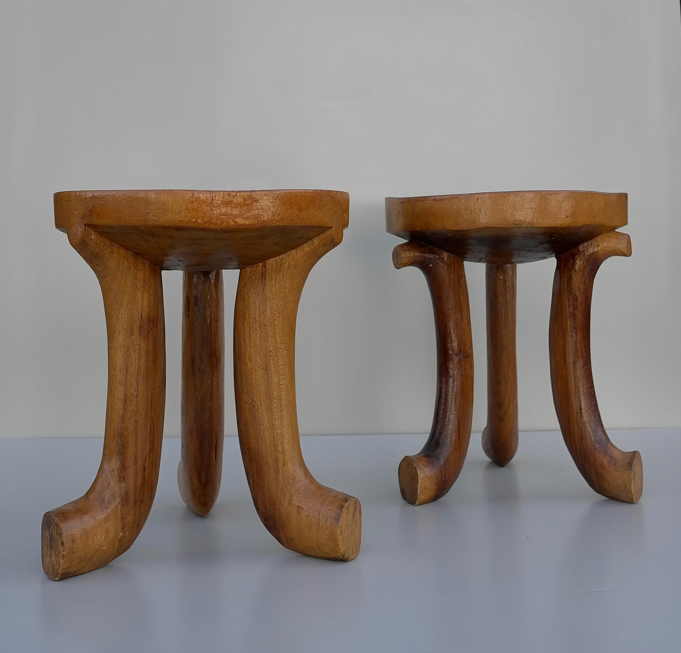 Tribal 2 African Gurage Three-Legged carved solid wooden Stools, Ethiopia For Sale