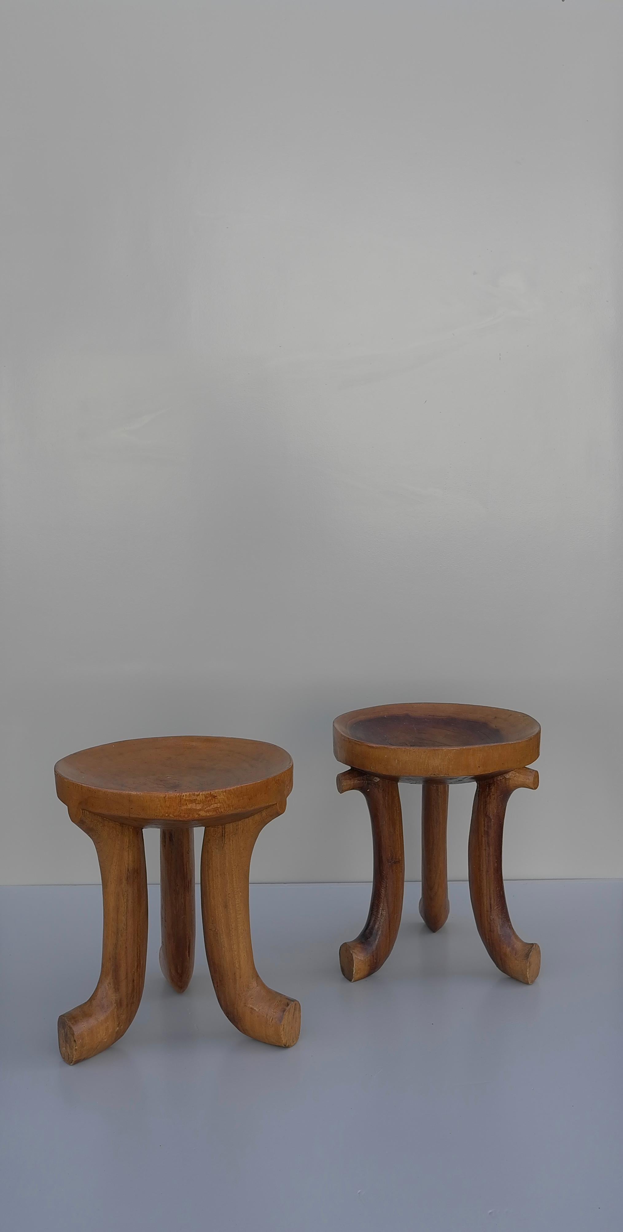 Wood 2 African Gurage Three-Legged carved solid wooden Stools, Ethiopia For Sale