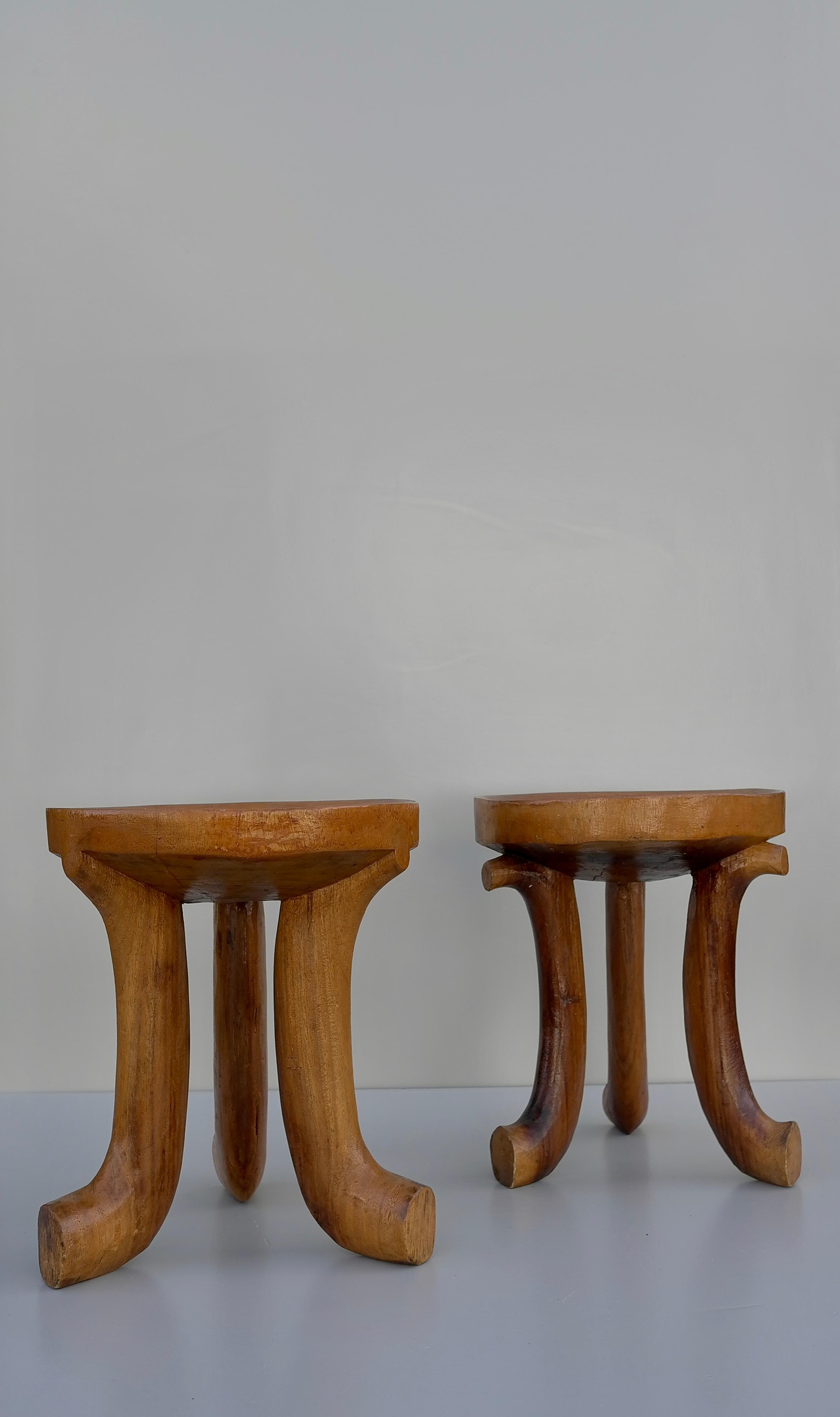2 African Gurage Three-Legged carved solid wooden Stools, Ethiopia For Sale 1