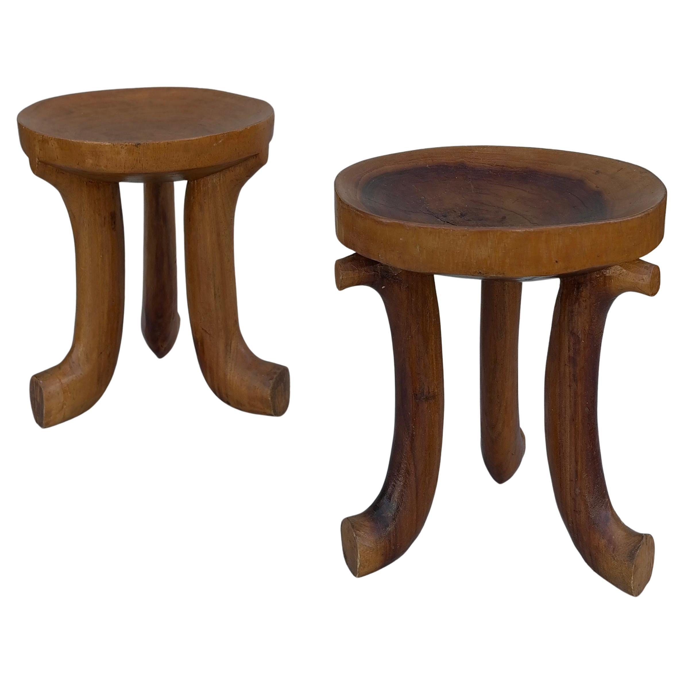 2 African Gurage Three-Legged carved solid wooden Stools, Ethiopia For Sale