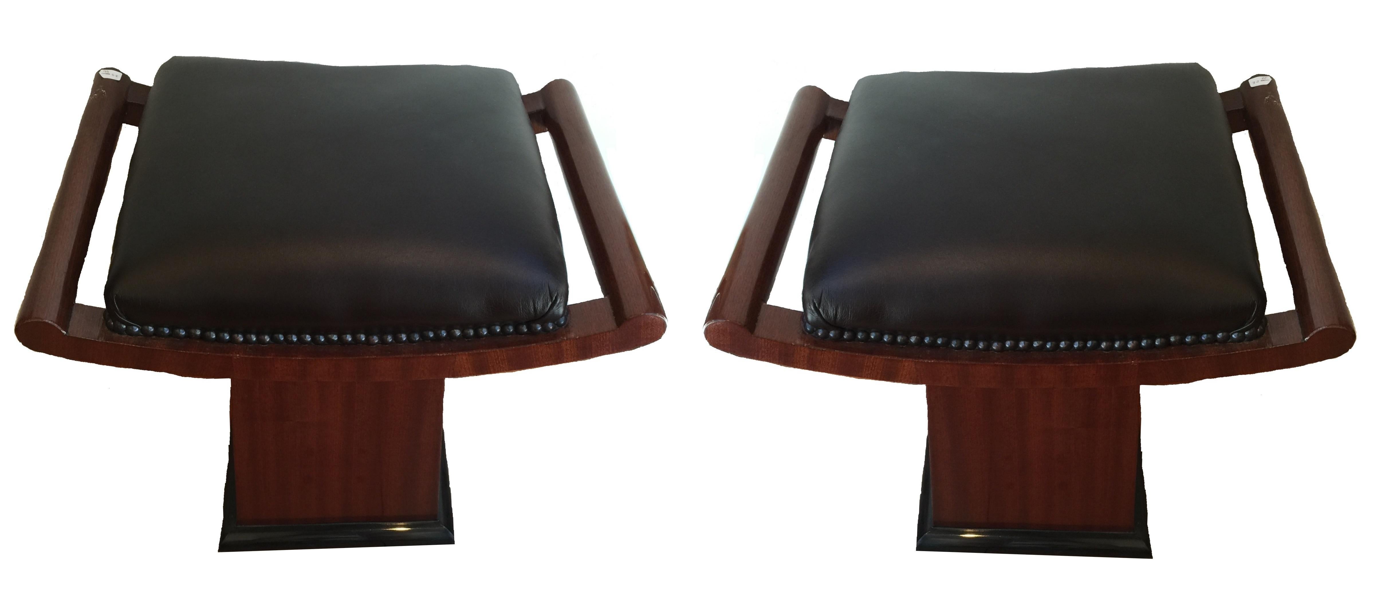 Mid-20th Century 2 Amaizing Art Deco Stool in Leather and Wood, France, 1940 For Sale