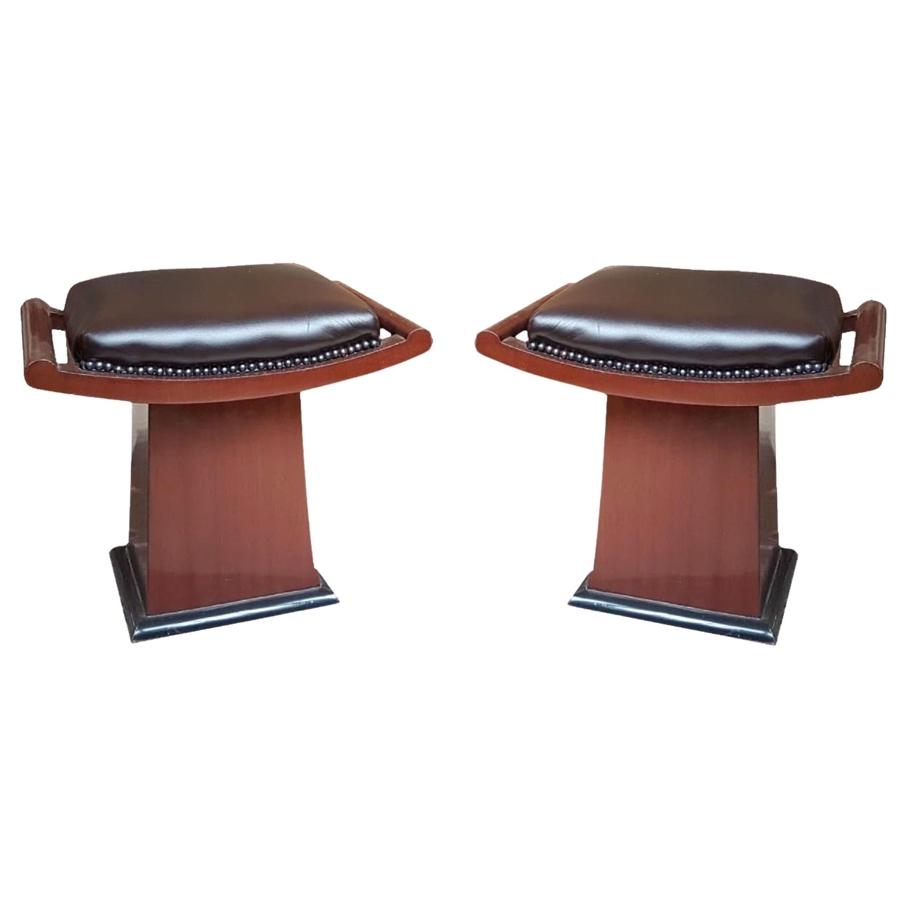 2 Amaizing Art Deco Stool in Leather and Wood, France, 1940