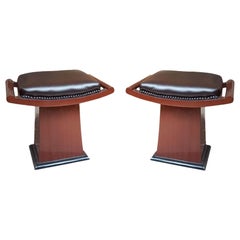 2 Amaizing Art Deco Stool in Leather and Wood, France, 1940