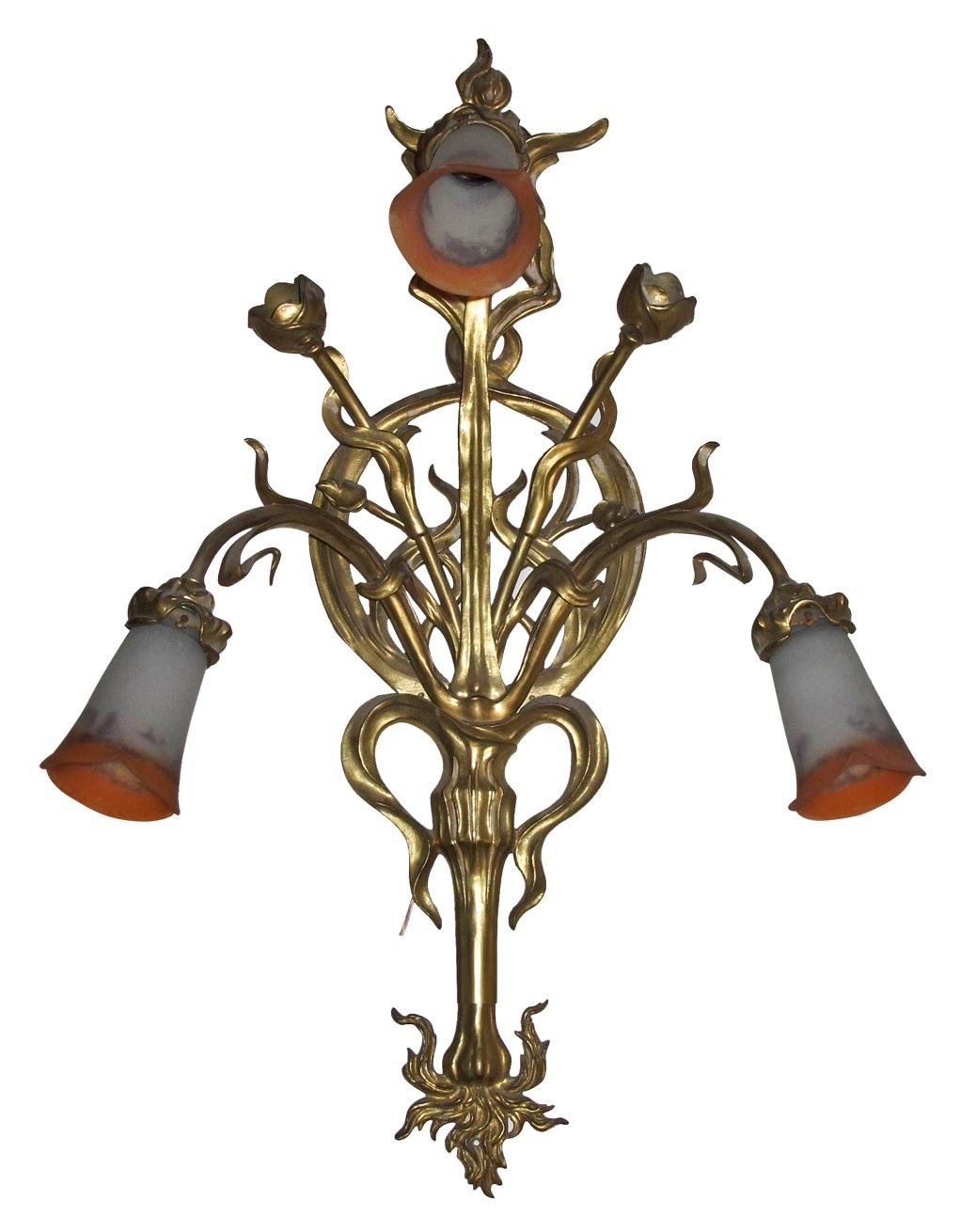 2 Amaizing sconces

France 
Design: Louis Majorelle
Jugendstil, Art Nouveau, Liberty
To take care of your property and the lives of our customers, the new wiring has been done.
We have specialized in the sale of Art Deco and Art Nouveau and Vintage