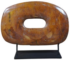 2 Ancient Carved Stone Brown Ring Bi Disc Sculptures Iron Stands Modernist