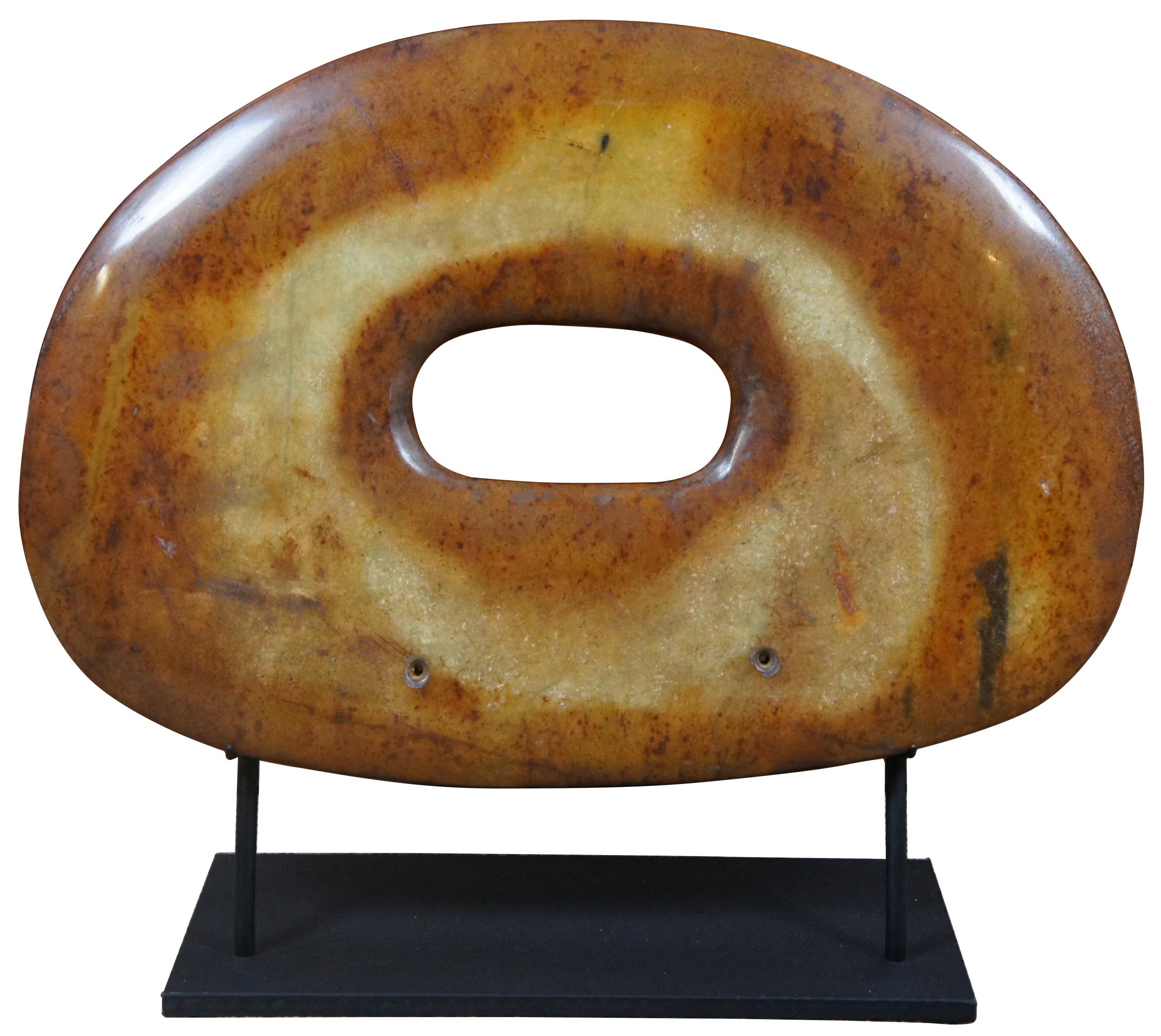 Primitive 2 Ancient Carved Stone Brown Ring Bi Disc Sculptures Iron Stands Modernist